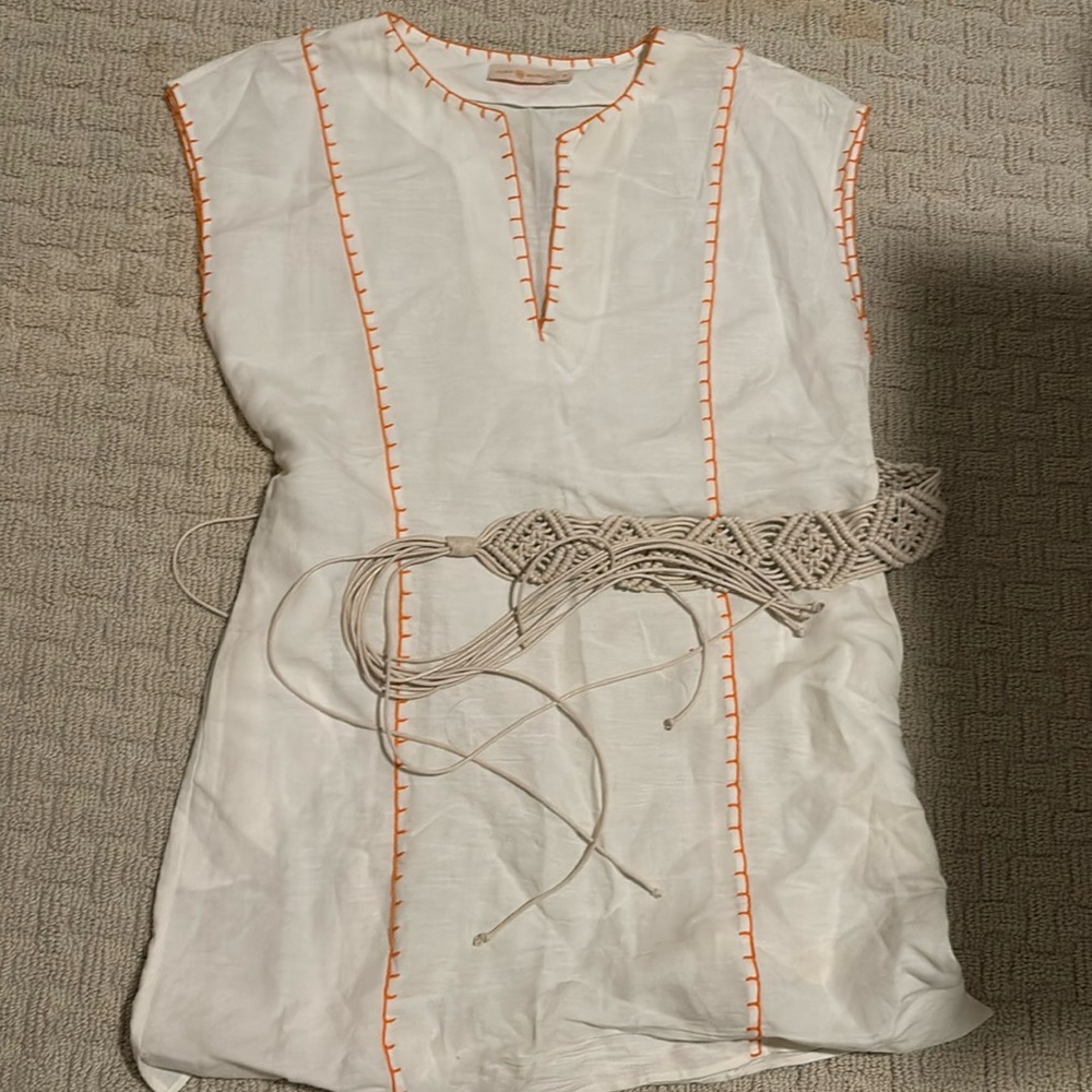 Tory Burch Short Tunic Linen Swim Cover Up White Orange Sz S